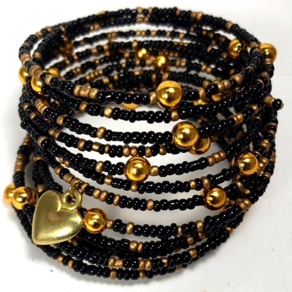 Black & Gold Beaded Wrap Bracelet – Multi-Strand with Gold Heart Charm, Jewelry - Picture 3 of 11